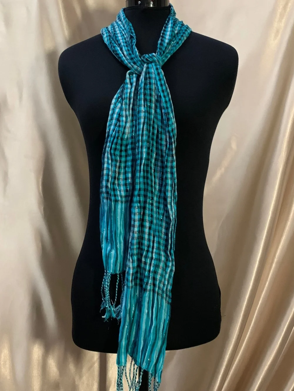Teal Black Checkered Gingham Plaid Scarf Silver Metallic Stripe Fringe Emo